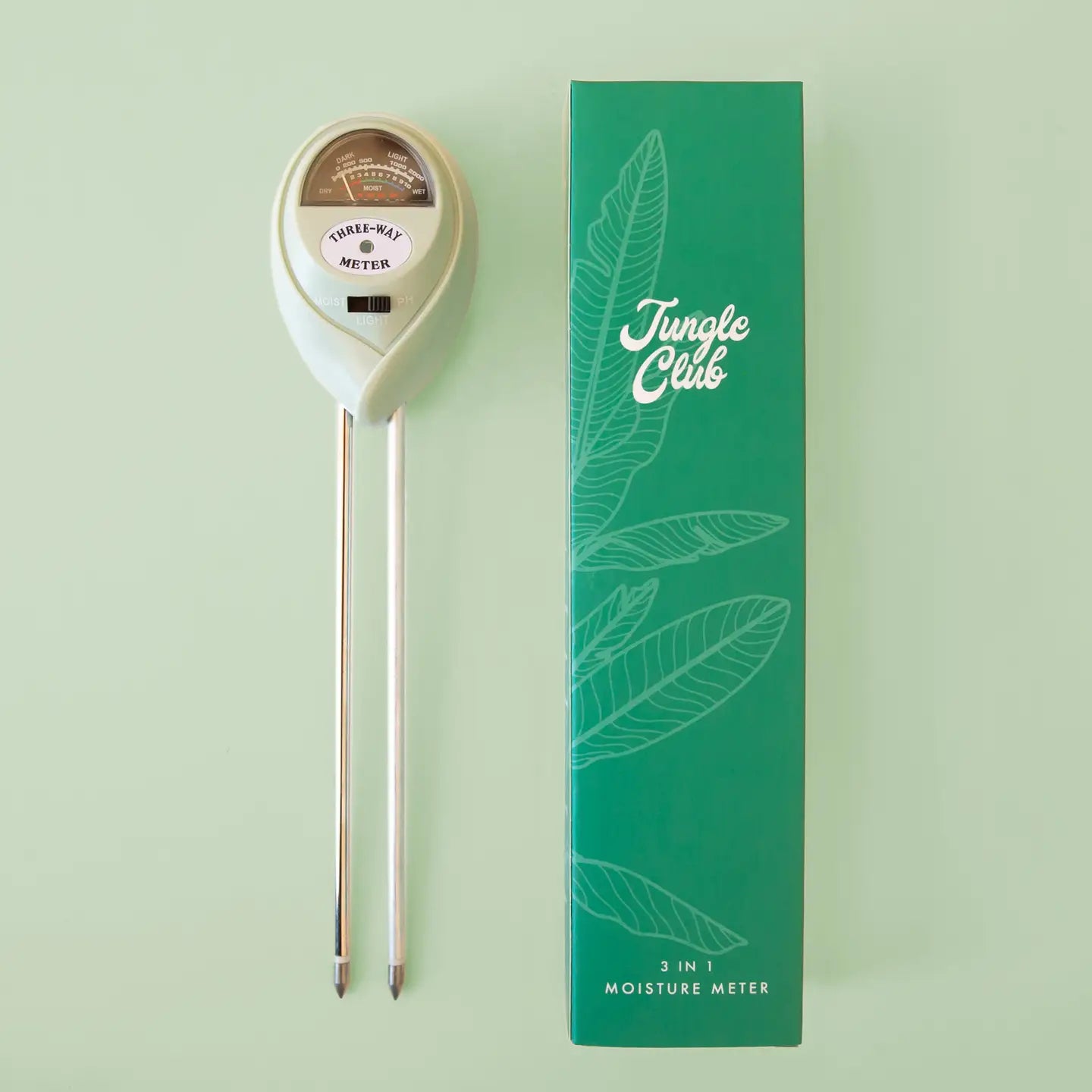 3-in-1 soil moisture meter in the color jade measures Ph, Light and moisture