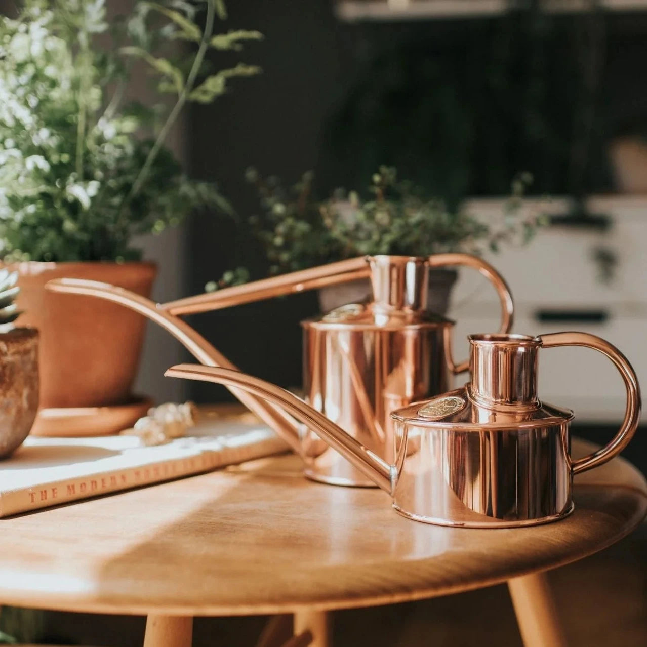 Showing the two different sizes copper Fazeley watering cans