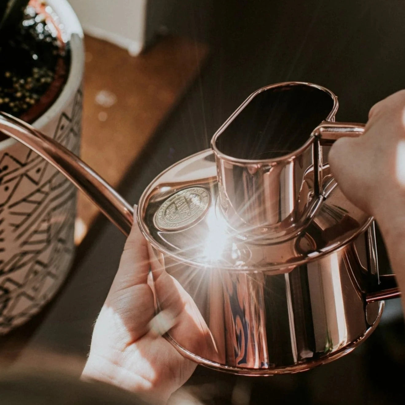 A close up of the copper Fazeley watering can. It shows how shinny this copper is.