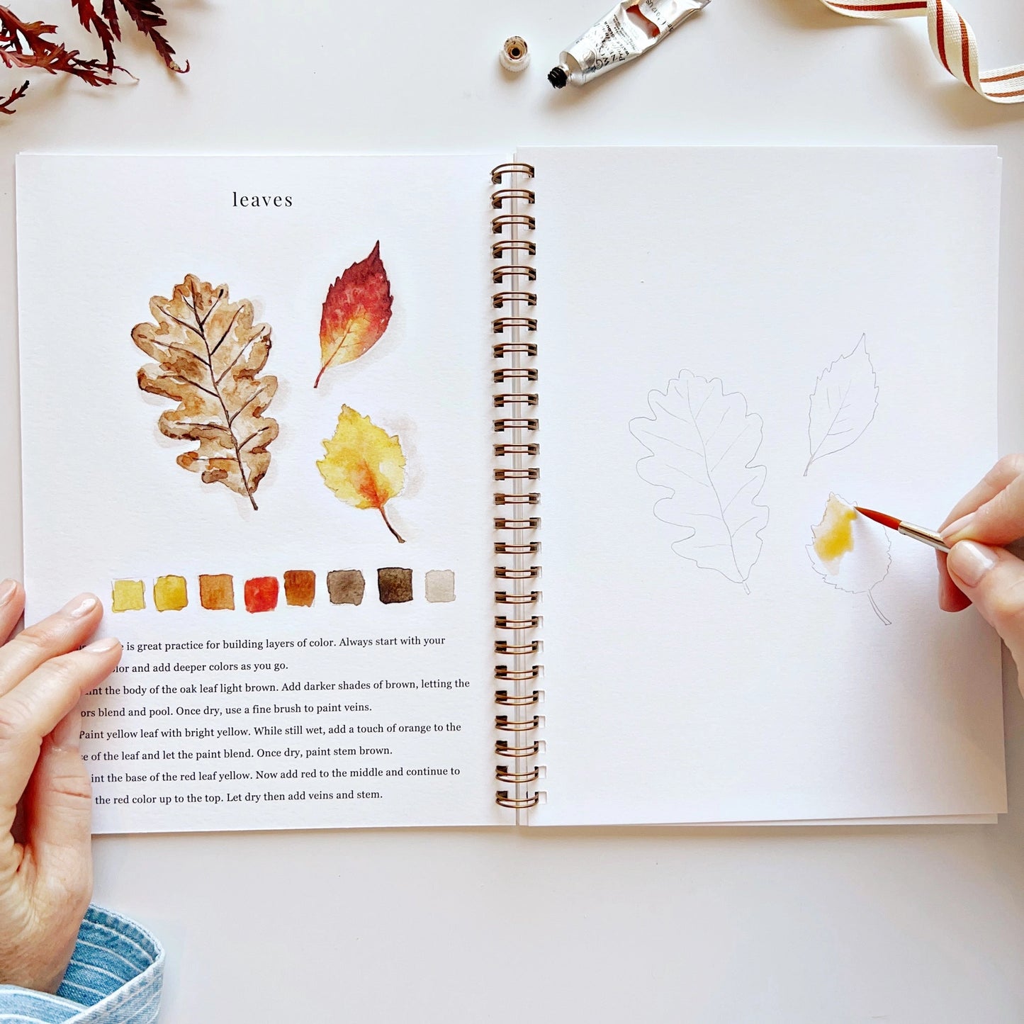 A page of Emily Lex Autumn Watercolor Workbook featuring soft autumn foliage illustrations and paintbrush accents.