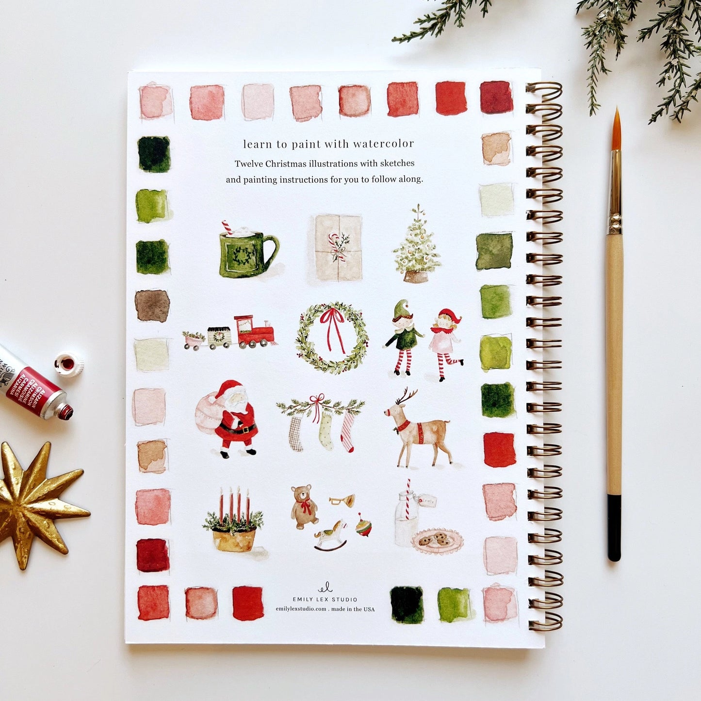 Spiral-bound Christmas illustrations back cover watercolor workbook