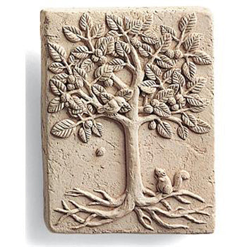 The squirrel admiring the nuts in the tree plaque.