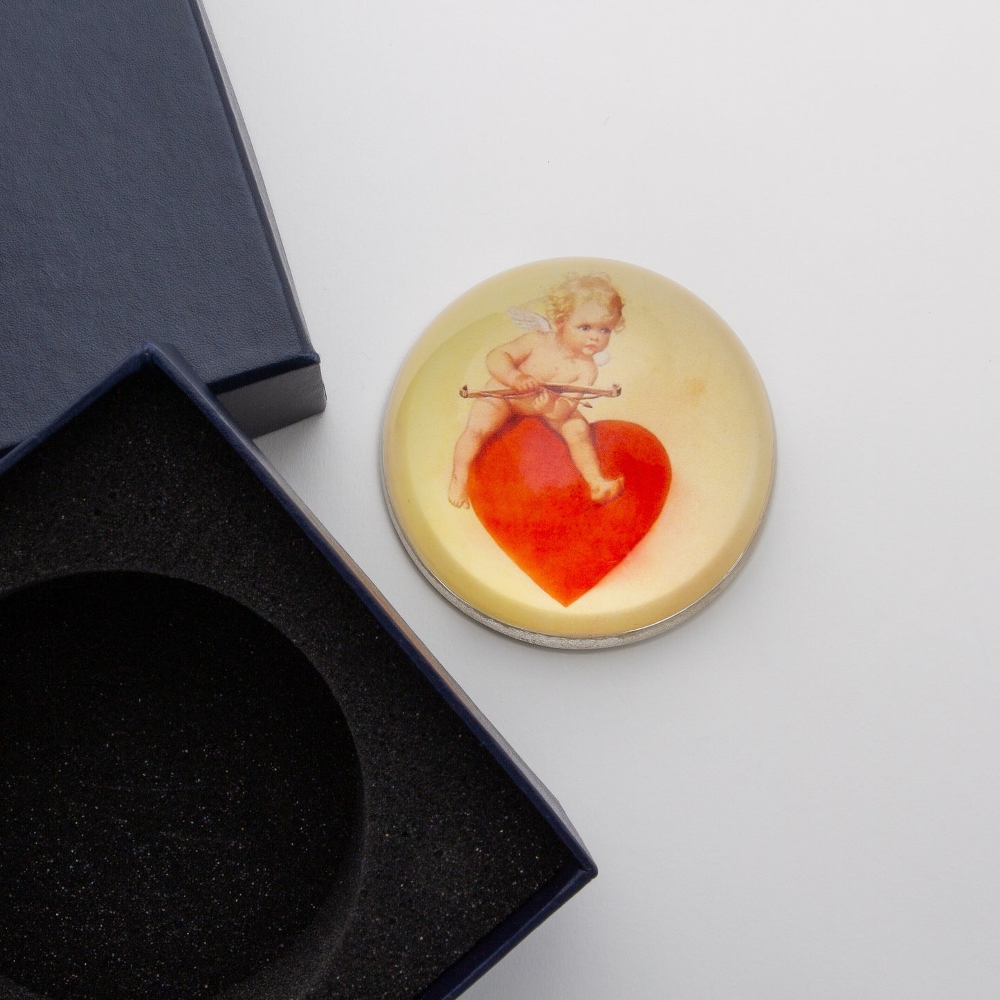 Cupid Sitting on a Red Heart - Crystal Dome Decoupaged Paperweight - Hidden Lake Garden Home