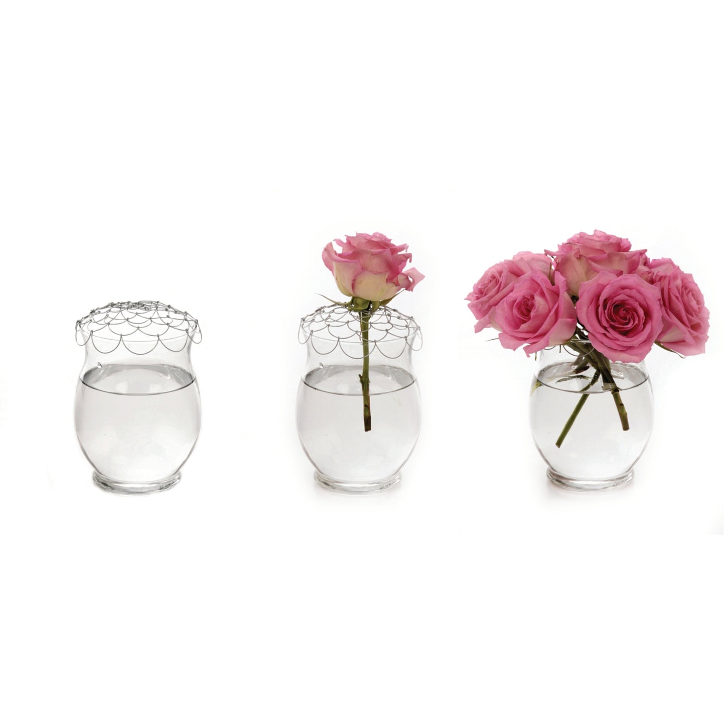 Three glass vases with easy arranger on each one of them and two are showing how the pink roses fill the vase.