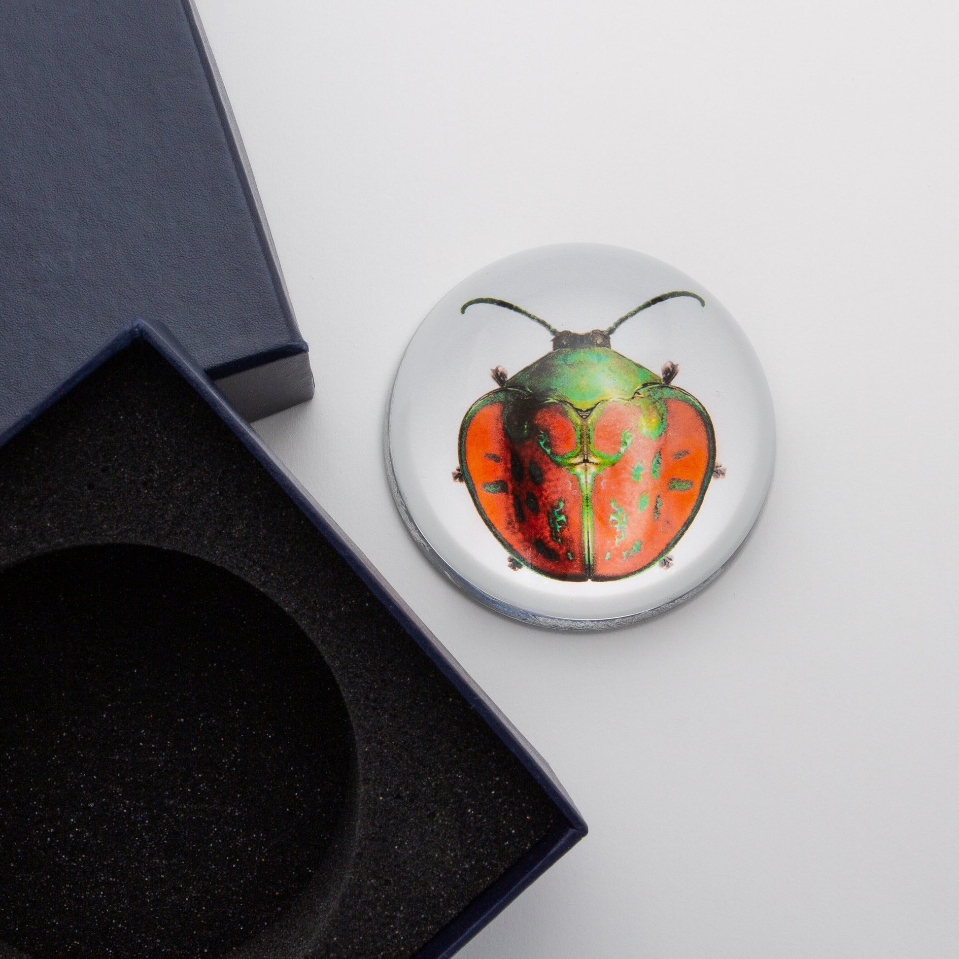 Red and Green Beetle - Crystal Dome Decoupaged Paperweight - Hidden Lake Garden Home