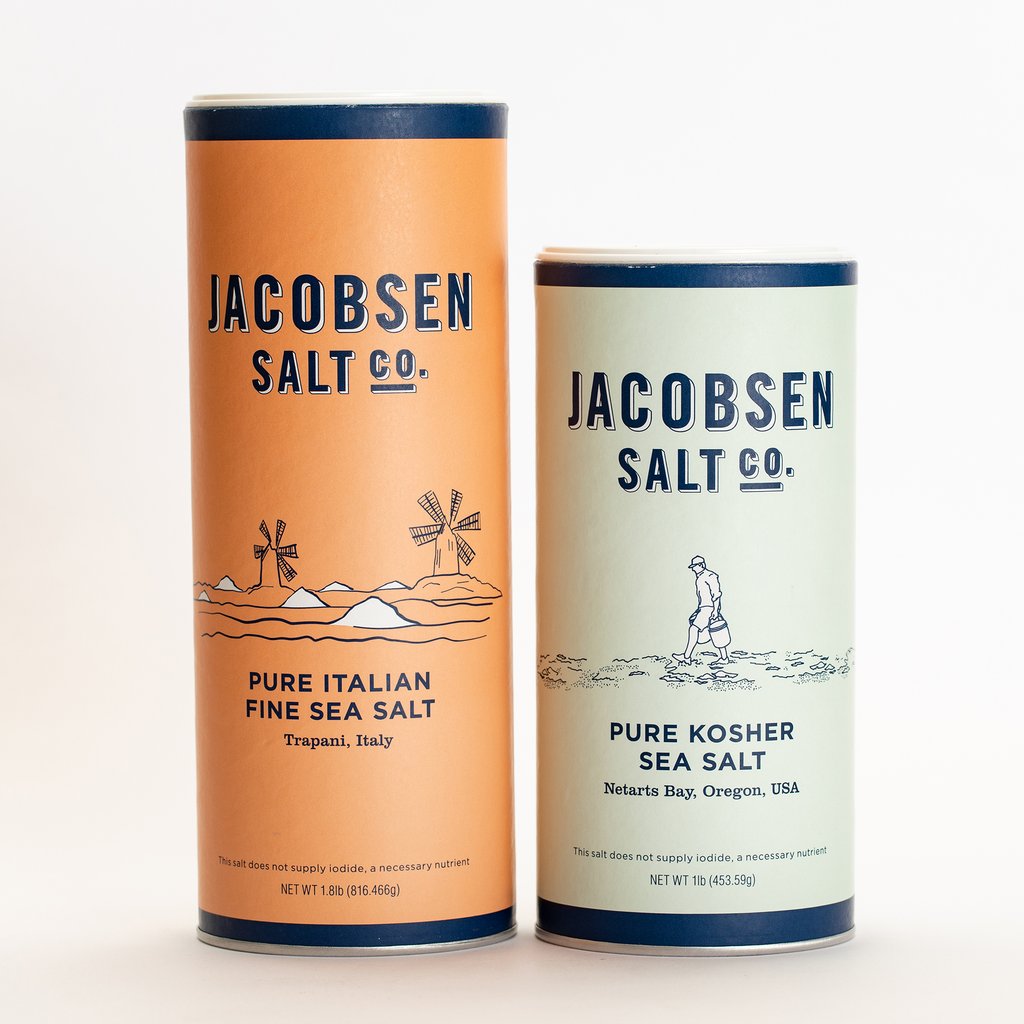 Image of the 1.8 pound canister of Pure Italian Fine Sea Salt from Trapani, Italy and  1 pound canister of Jacobsen Salt co. Pure Kosher Sea Salt