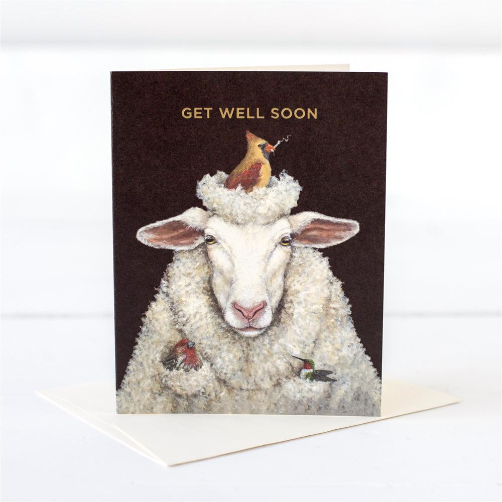 Get Well Sheep Card showing a sheep with a bird building a nest on his head.