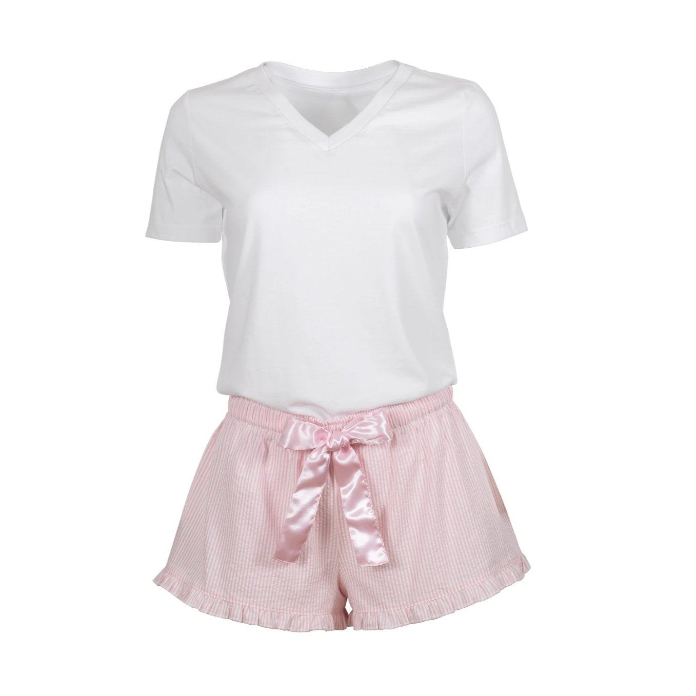 Cotton Candy striped shorts and a white v necked teeshirt