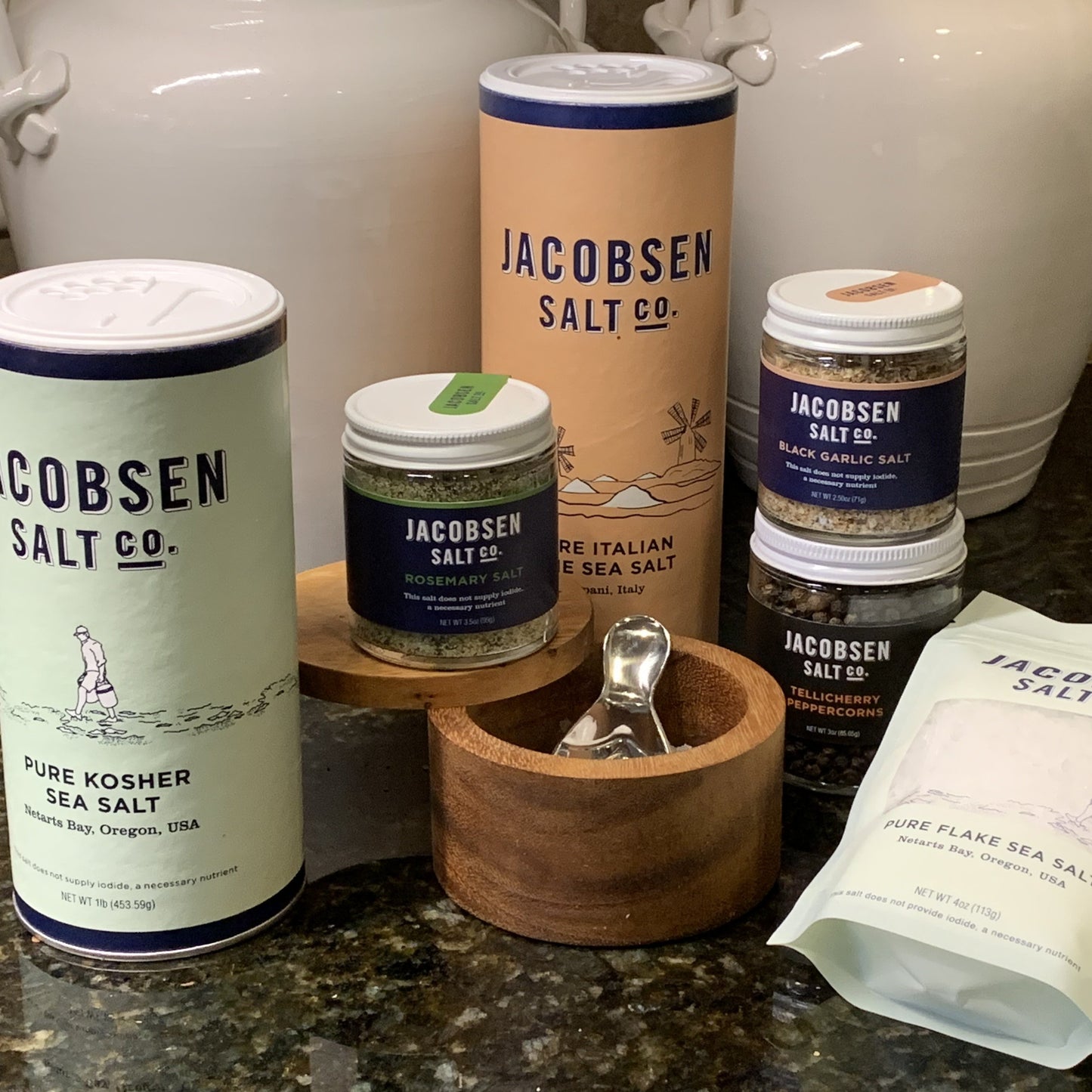 Showing a collection of products form Jacobsen Salt co. Kosher Sea Salt, Rosemary Salt, Black Garlic Salt , Tellicherry Peppercorns and Pure Italian Sea Salt