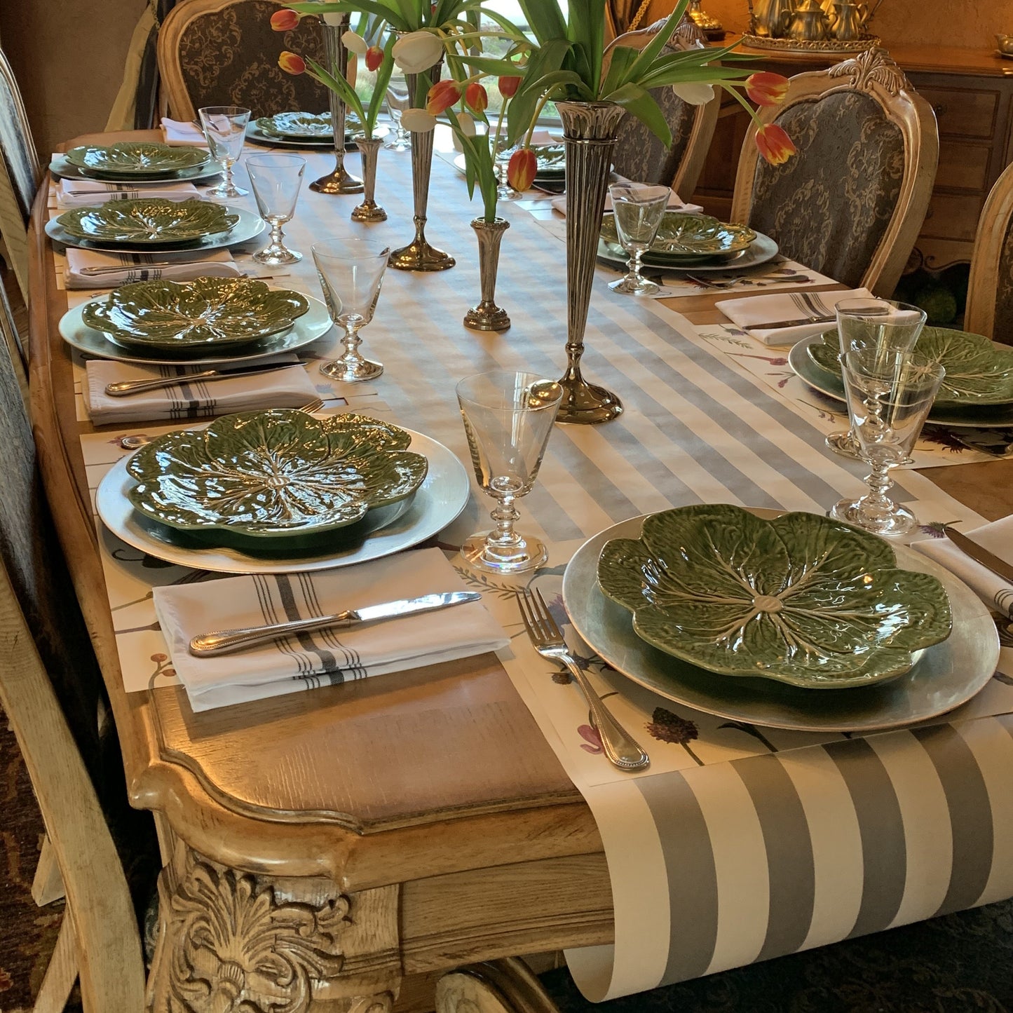 Showing the Bistro Grey Striped Napkin in a more formal table setting.