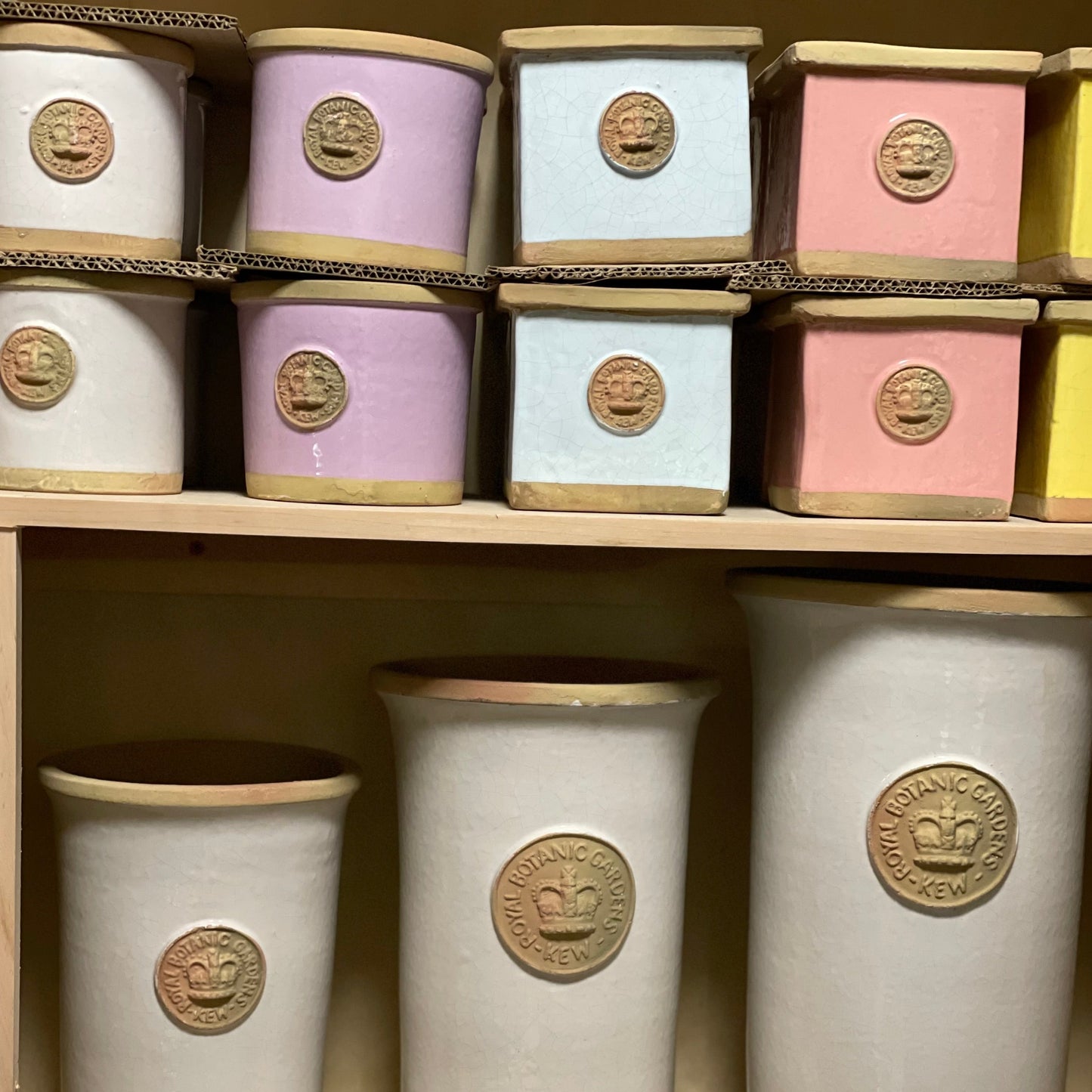 This photo shows the square and the round KEW herb pots in all the colors.