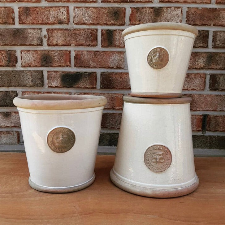 The three sizes of the Devon Nursery Planters in White Glaze.