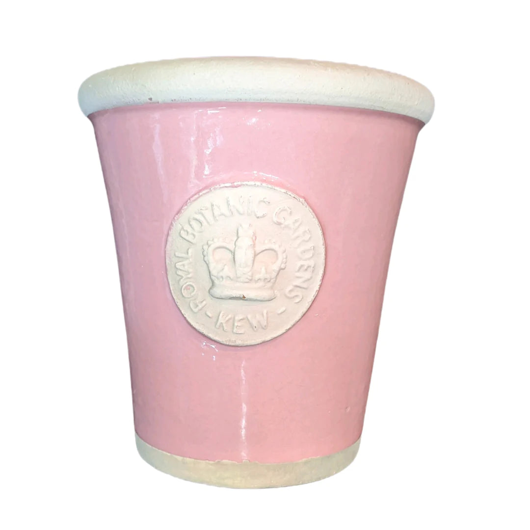 Handcrafted Medium Pot. Nancy's blush Glaze Embossed with London's KEW Royal Botanical Garden's Official Seal