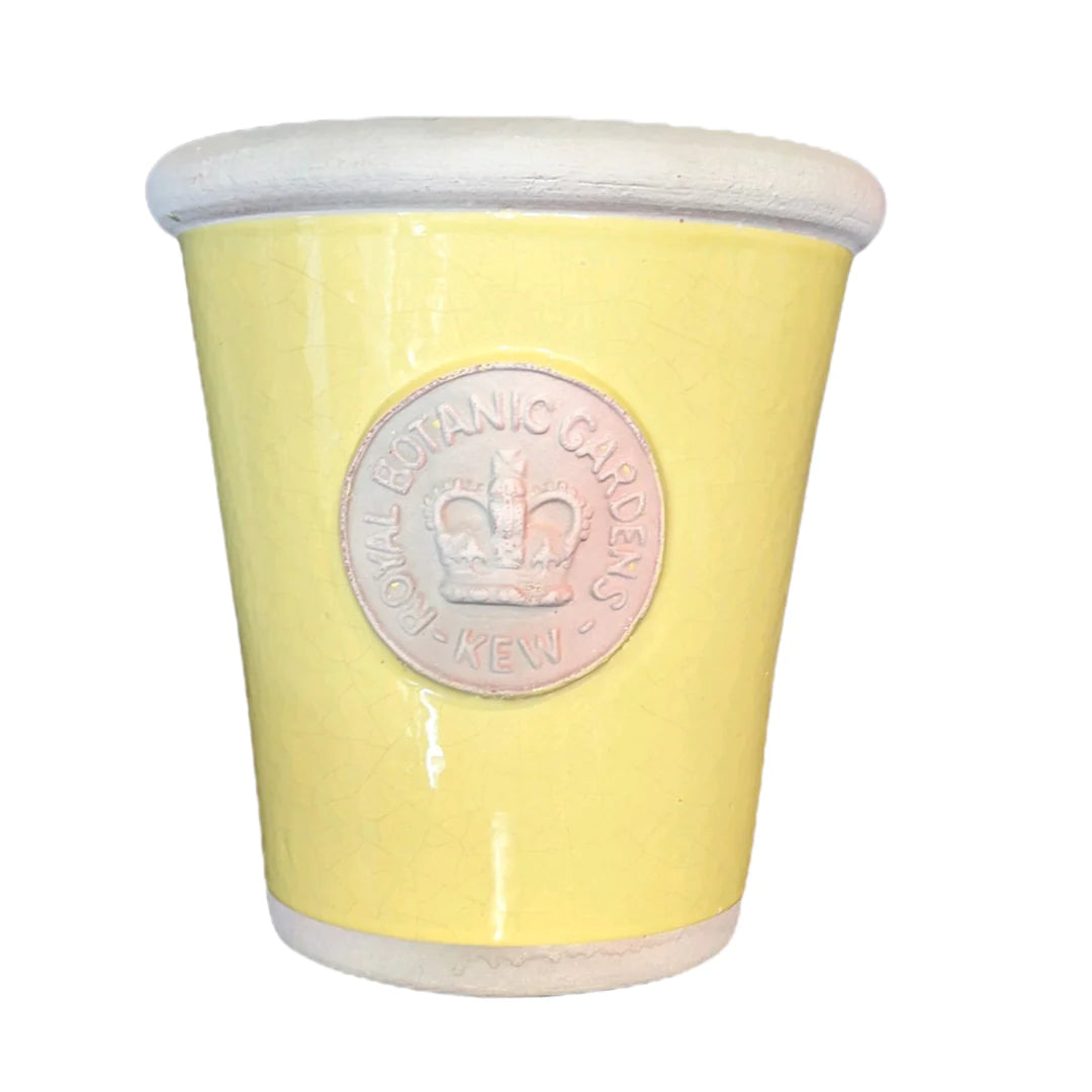 Handcrafted Medium Pot. Yellow Cake Glaze Embossed with London's KEW Royal Botanical Garden's Official Seal