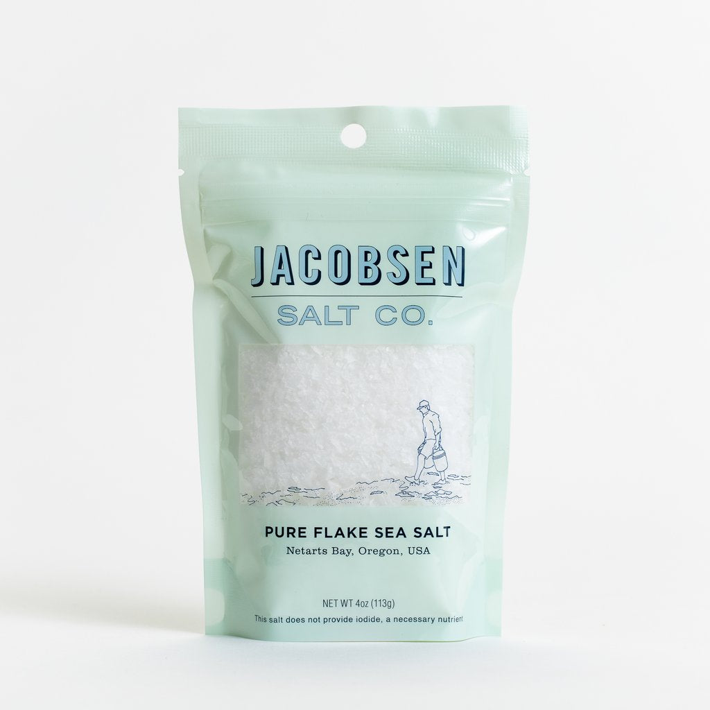 Showing the 4 0z bag of Pure Flake Sea Salt from Jacobsen Salt co.
