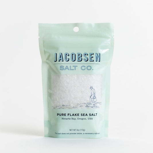 Showing the 4 0z bag of Pure Flake Sea Salt from Jacobsen Salt co.
