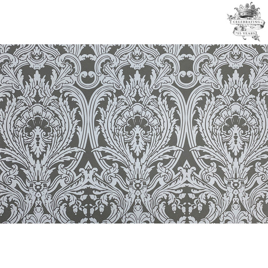 This Tapestry Anniversary Paper Placemat is in white ink on gray paper , very elegant