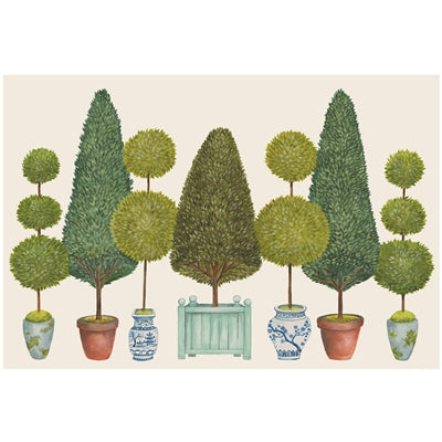 A beautiful hand painted print of whimsical topiary plants in delightful planters on a paper placemat.