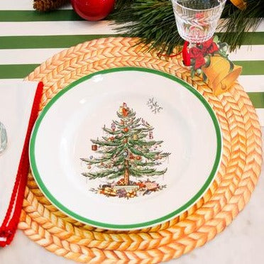 Braided Jute Die Cut Paper Placemat natural color, showing braided texture during a Christmas dinner.