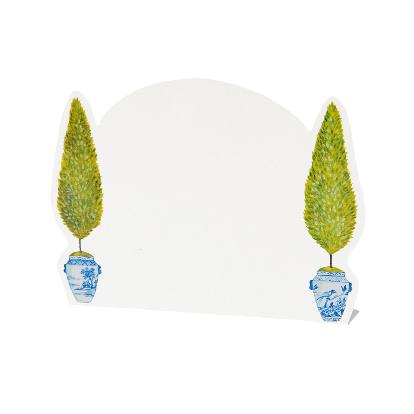 This Topiary Garden Place Card features two small topiaries on each side, creating the perfect writing space for guest names, listing buffet items,