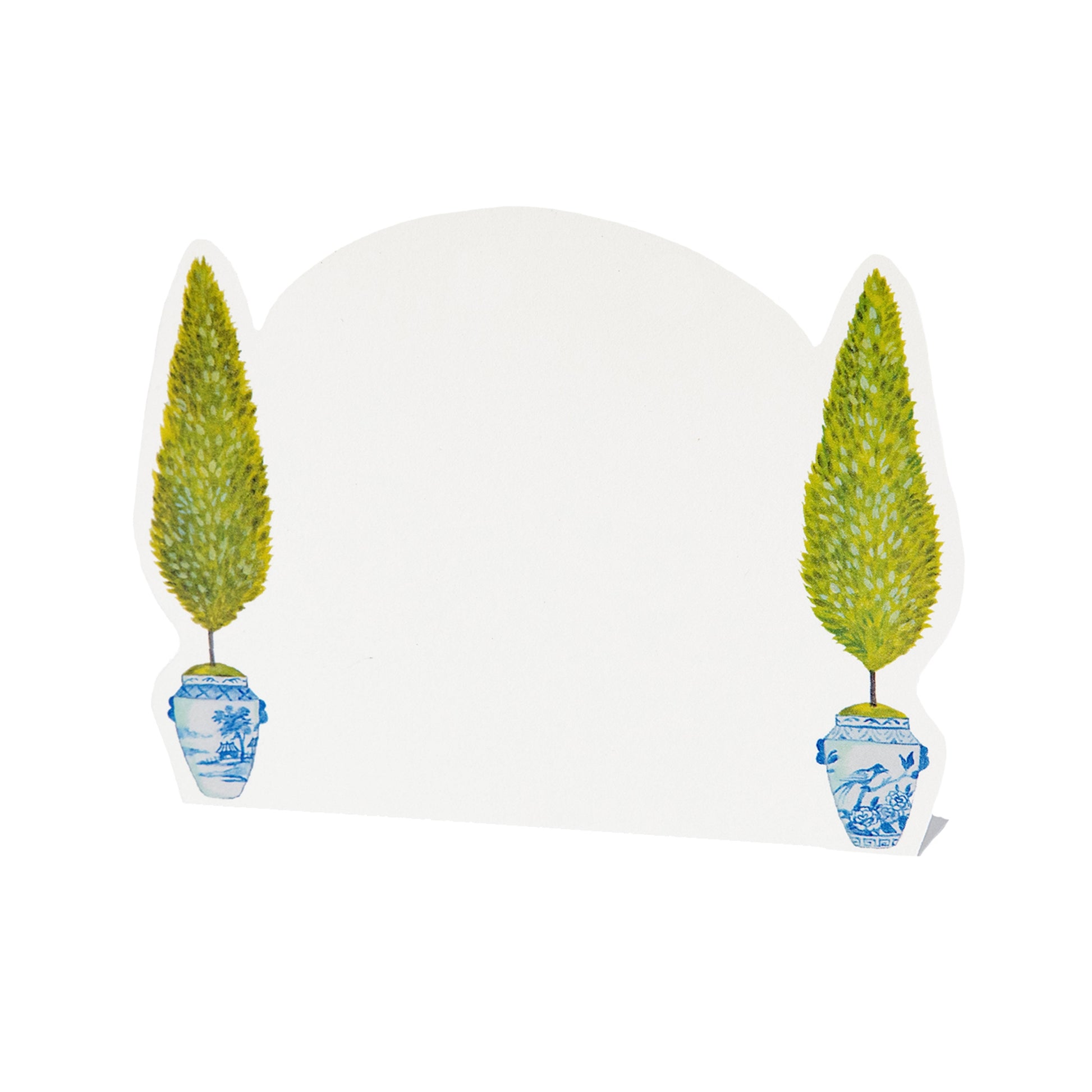 This Topiary Garden Place Card features two small topiaries on each side, creating the perfect writing space for guest names, listing buffet items,
