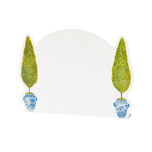 This Topiary Garden Place Card features two small topiaries on each side, creating the perfect writing space for guest names, listing buffet items,