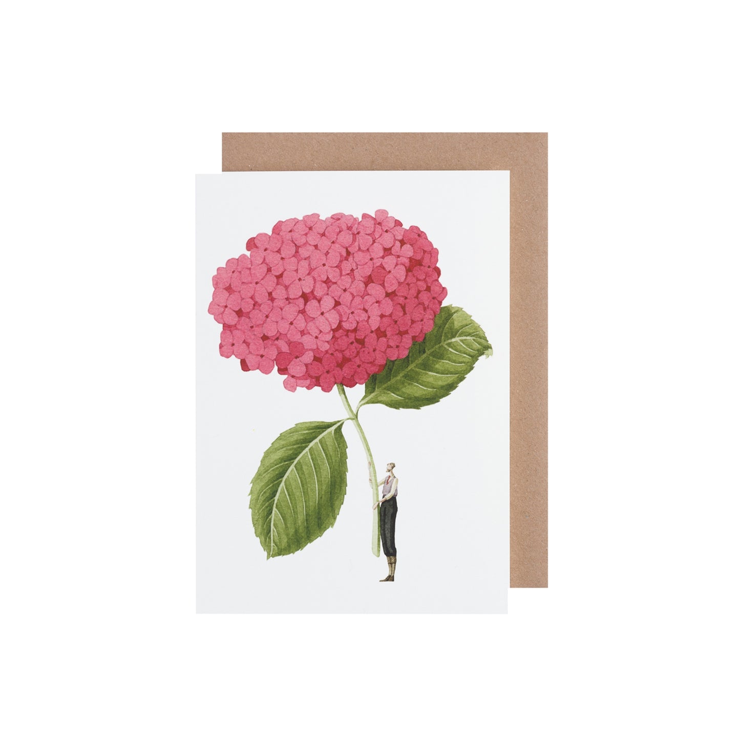 A drawing of a beaded man holding a pink hydrangea over his head in pastels.