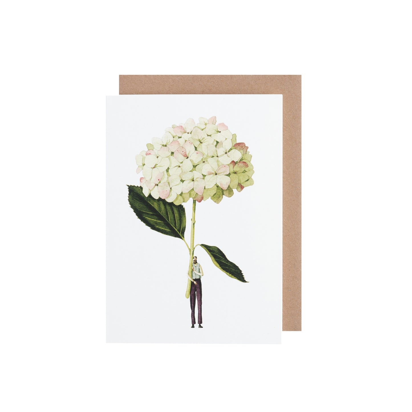 A drawing of a beaded man holding a green and white hydrangea over his head in pastels.