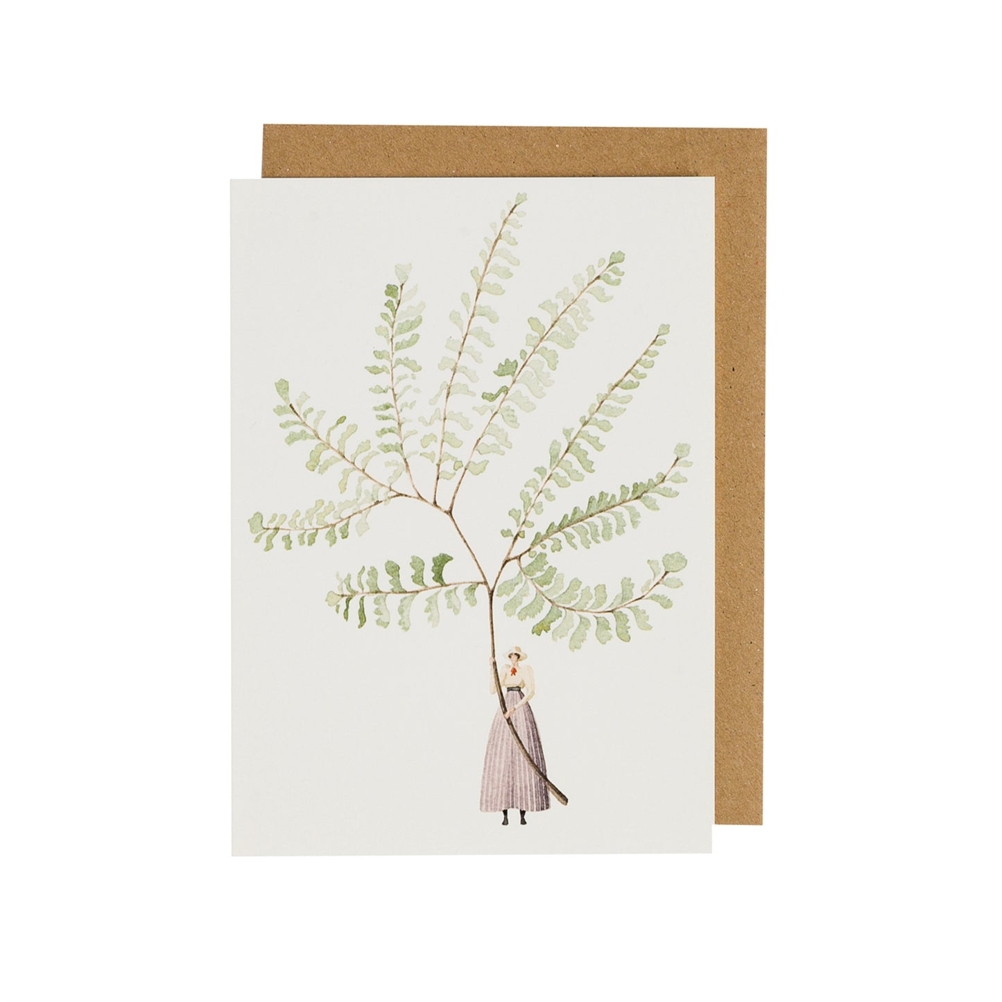A drawing of a old fashion lady holding a gigantic Fern over her head.
