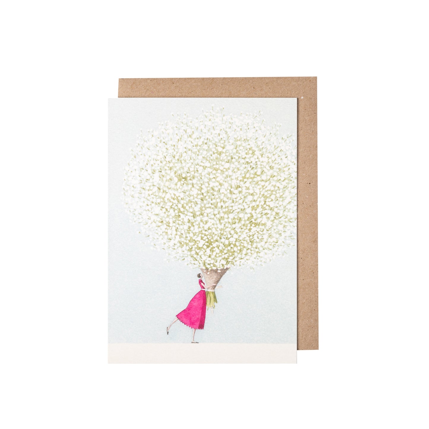 Image of the greeting card Baby's Breath. It is a lady holding a giant bouquet of white bays breath.