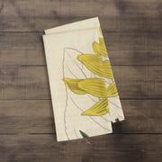 A photograph of the Heliantus Botanical Print kitchen/tea towel folded over showing just part of the print. It is a William Curtis’s Print from 1790-1800