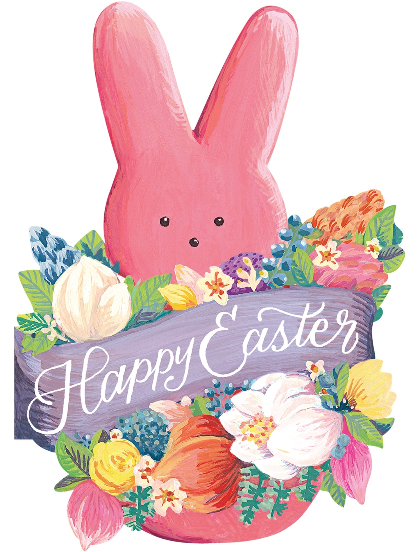 Easter card in the shape of a Easter marshmallow Peep in pink with Happy Easter written across the front of the card