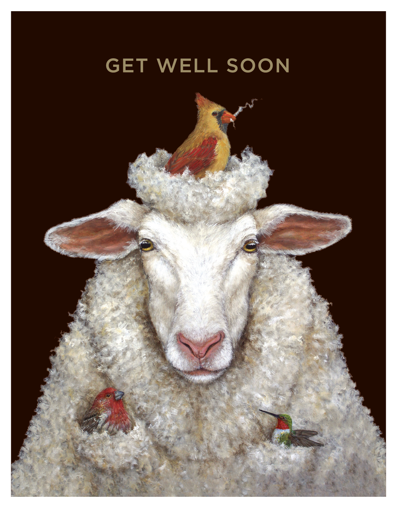 Who would not love to receive this adorable get well card? This sheep has a bird nest on her head and is holding two other birds to make that someone feel better.
