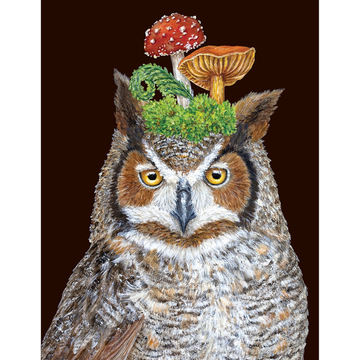 With his jaunty cap of mushrooms Woody the Owl makes a delightful card to give and receive.