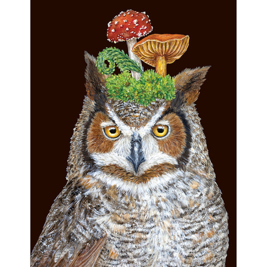 With his jaunty cap of mushrooms Woody the Owl makes a delightful card to give and receive.