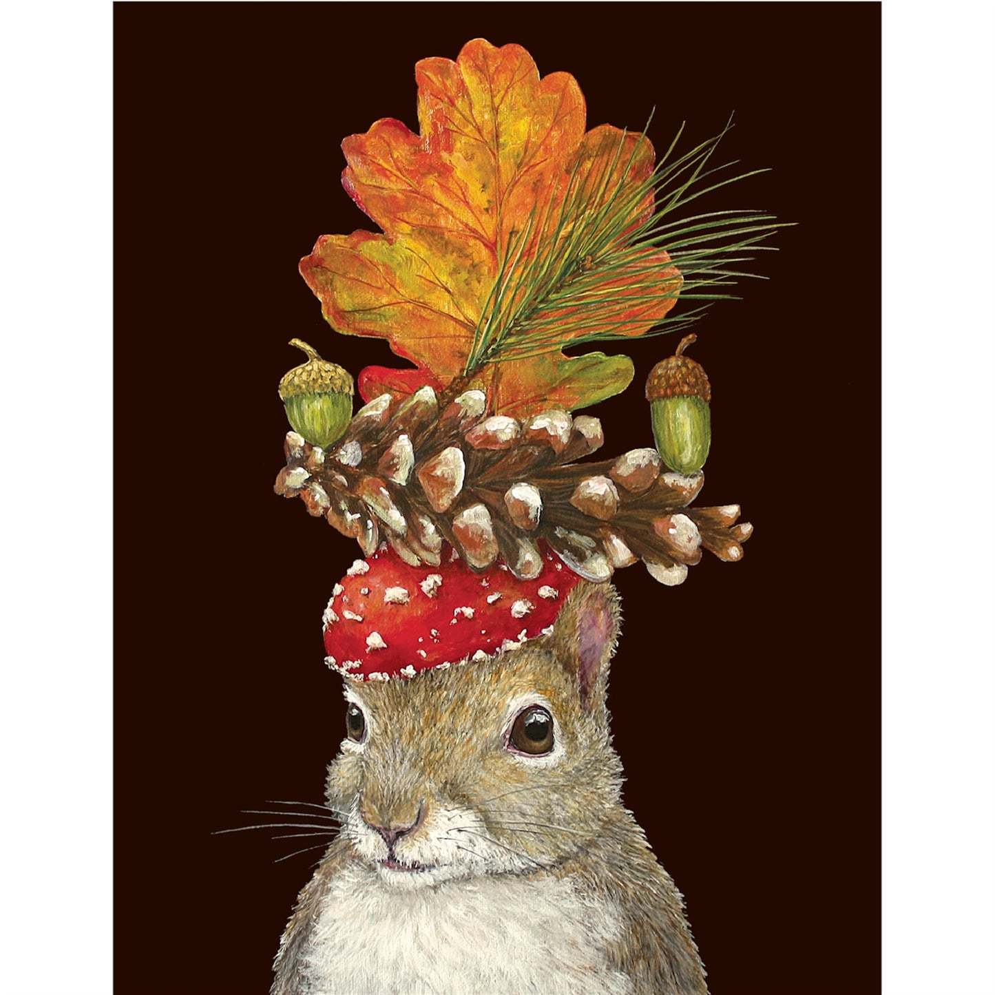 greeting card is a picture-perfect Autumn display of leaves, acorns, pine cones, and pine branches set atop a delightful squirrel's head.