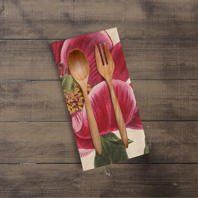 A photograph of the Peony Botanical Print kitchen/tea towel folded over showing just part of the print. It is a William Curtis’s Print from 1790-1800
