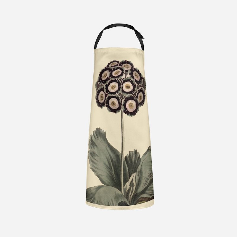 A picture of the Auricula Botanical Print Apron shown how it wood look when worn.