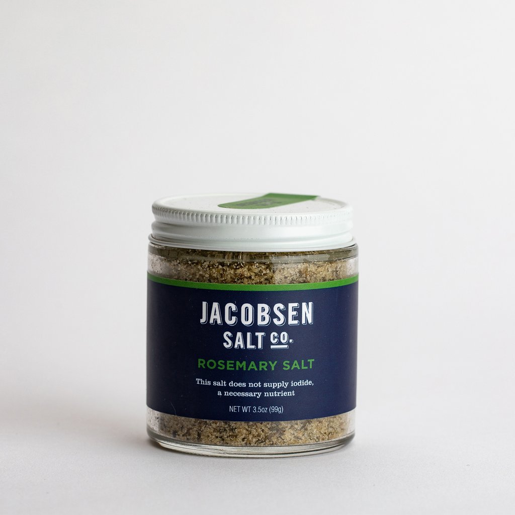 Image of a 3.5 oz glass jar of Jacobsen Salt Co. Rosemary Sea Salt