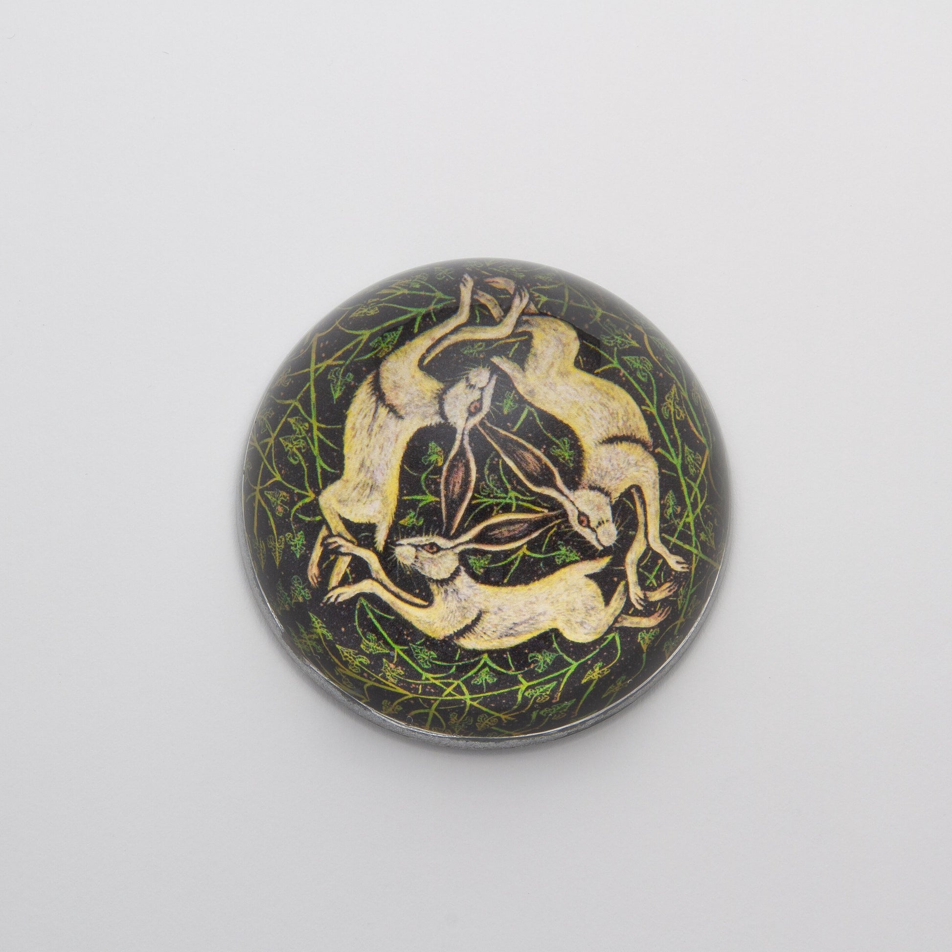 Rabbits Circling -  Crystal Dome Decoupaged Paperweight - Hidden Lake Garden Home