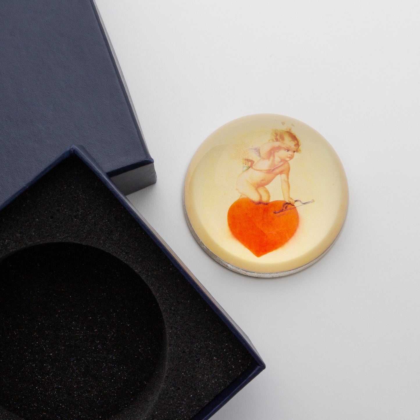 Cupid Kneeling on a Red Heart - Crystal Dome Decoupaged Paperweight - Hidden Lake Garden Home