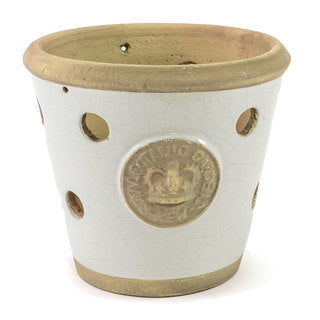 Handcrafted Medium Orchid Pot. Old World White Glaze with holes all around for air to get to the roots. Embossed with London's KEW Royal Botanical Garden's Official Seal