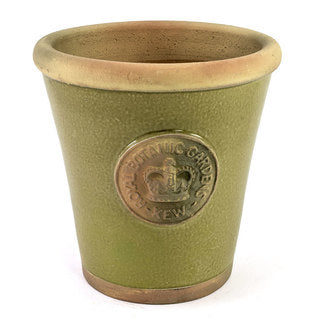 Handcrafted Small Pot. Moss Green Glaze and Embossed with London's KEW Royal Botanical Garden's Official Seal