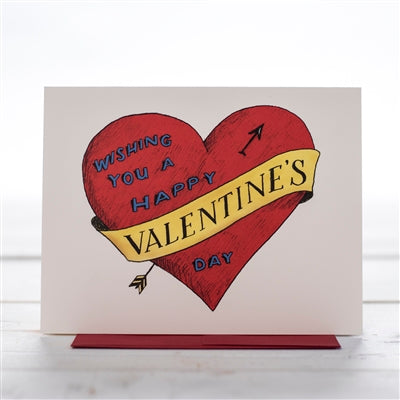 A Valentine's Day Card . A large red heart with the message inside of it . The message is, Wishing you a happy Valentine's Day. Looks a little retro.