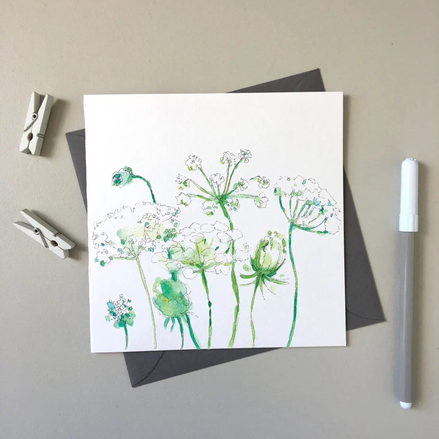 A picture of the Cow Parsley for Lorraine greeting card in soft whites and greens.