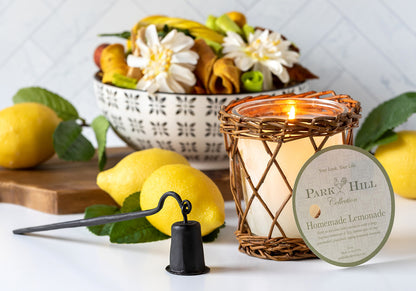 A picture showing the Homemade Lemonade candle surrounded by lemons.