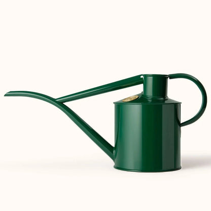 Haws Fazeley Flow Metal Two Pint Watering Can in British Green close up to show the design.
