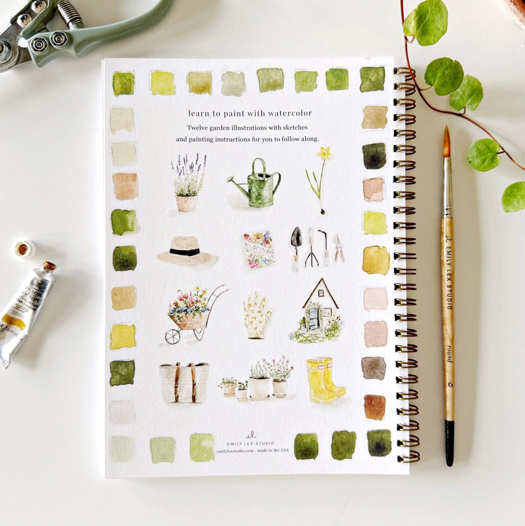 Back cover of Emily Lex Garden Watercolor Workbook with watercolor illustrations of plants, pots, and garden-inspired designs.