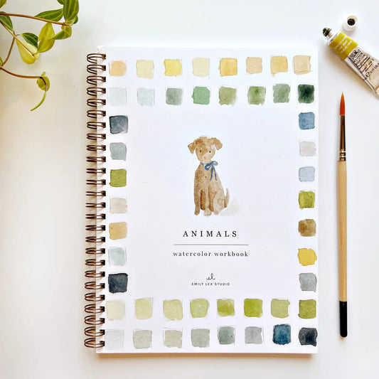 Front cover of Emily Lex Animals Watercolor Workbook featuring charming watercolor animals and creative painting details.