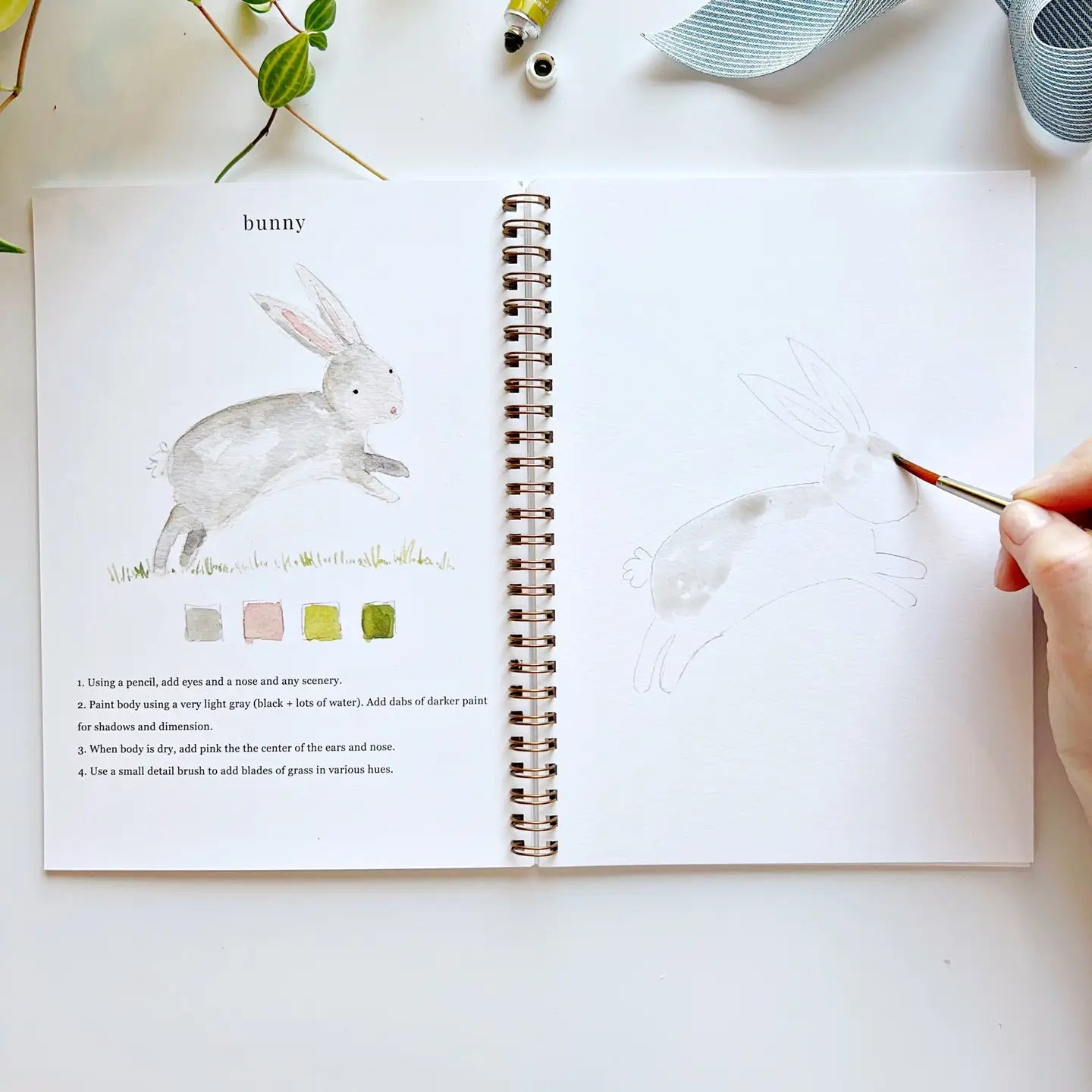 Emily lex workbook showing how to watercolor a rabbit.